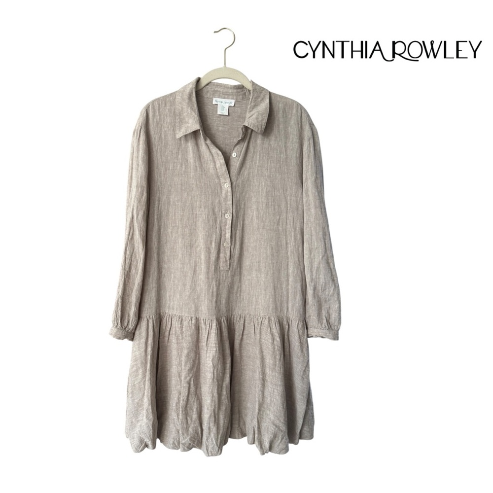 Cynthia Rowley Taupe Linen Shirt Dress Size Medium Bubble Hem Minimalist Casual